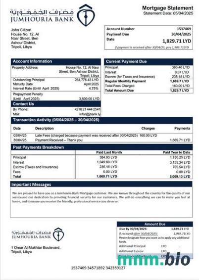 Libia Bank Jumhouria wyciąg z kredytu hipotecznego szablon Word i PDF